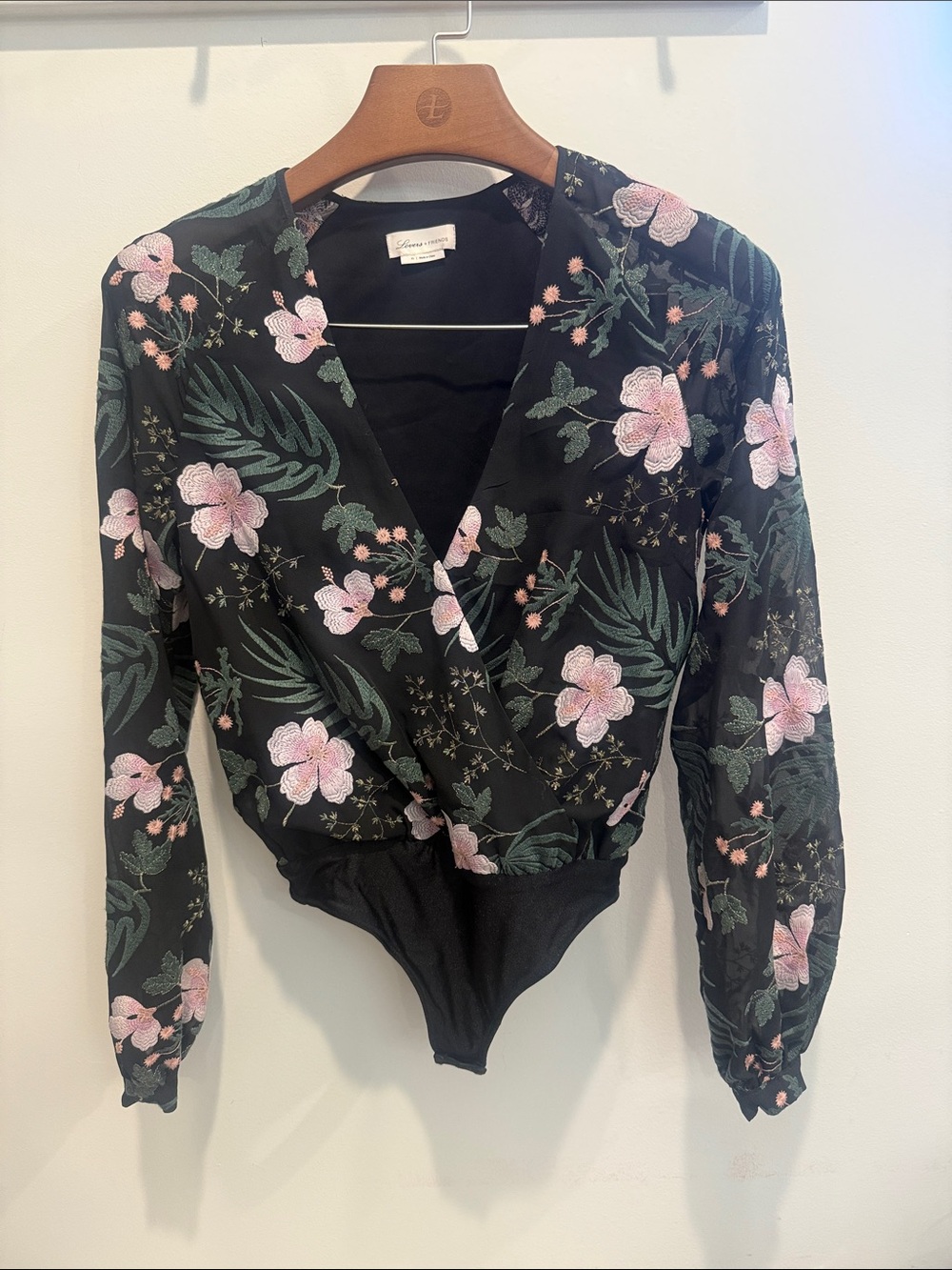 Lovers + Friends Black Wrap-Front Bodysuit with Pink Floral Print